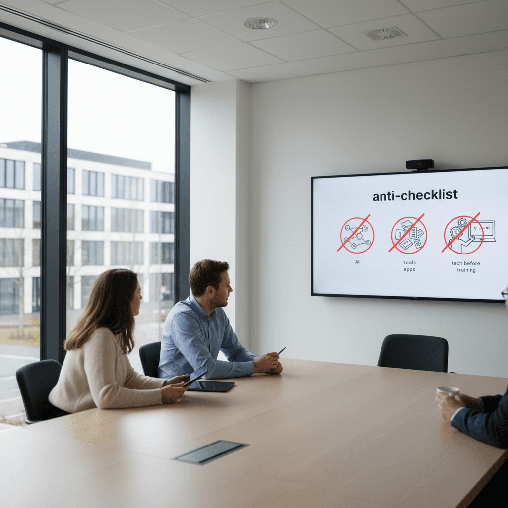 Infographie 'anti-checklist' avec icônes barrées : agents IA complexes, multiplication d'outils, tech avant formation