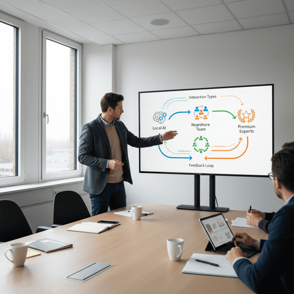 Schéma de flux montrant la répartition des tâches: icônes représentant IA locale, équipe nearshore, et experts premium avec flèches indiquant les types d'interactions